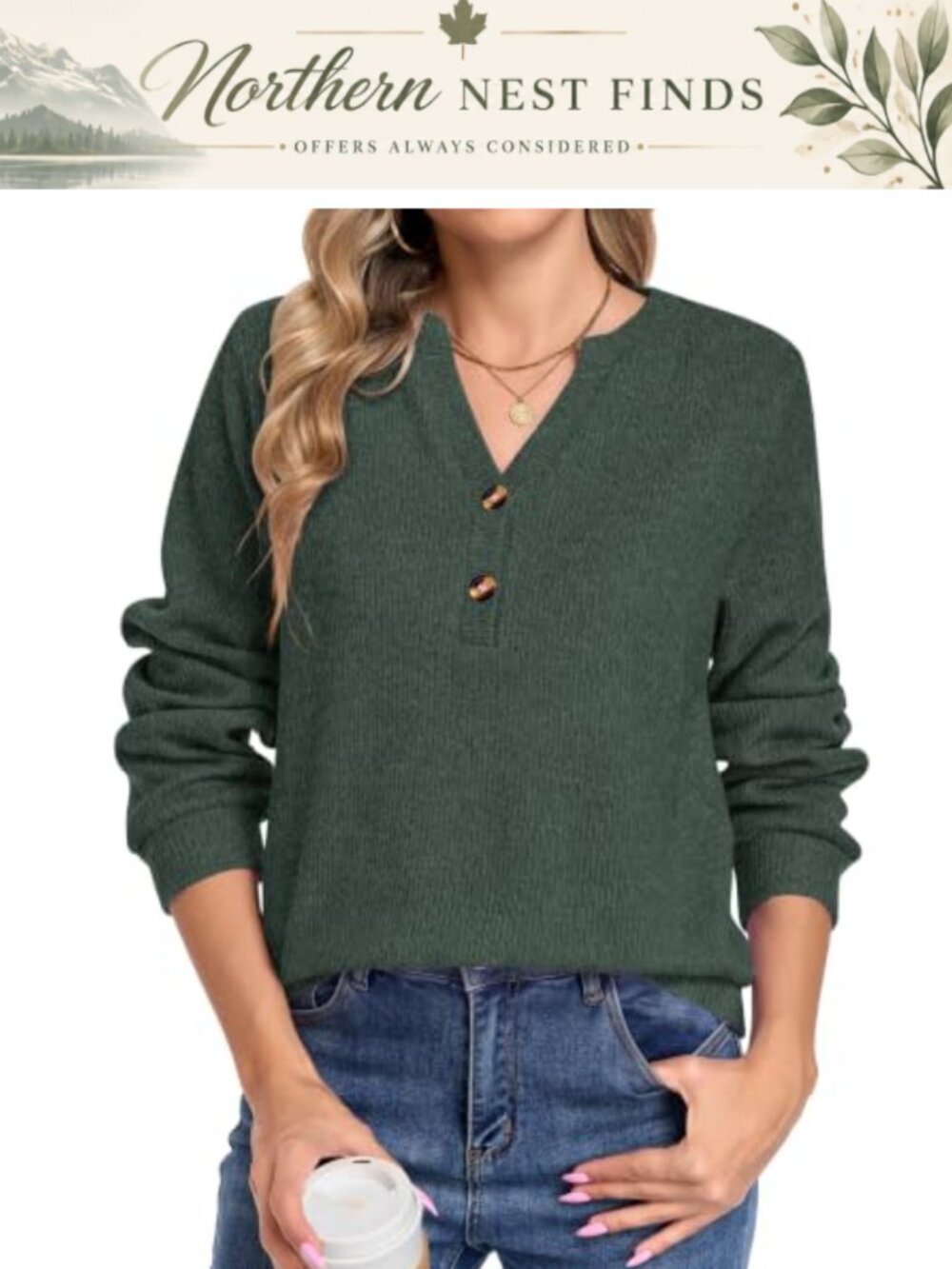 Women's Long Sleeve Henley V-Neck Ribbed Knit Pullover Sweater